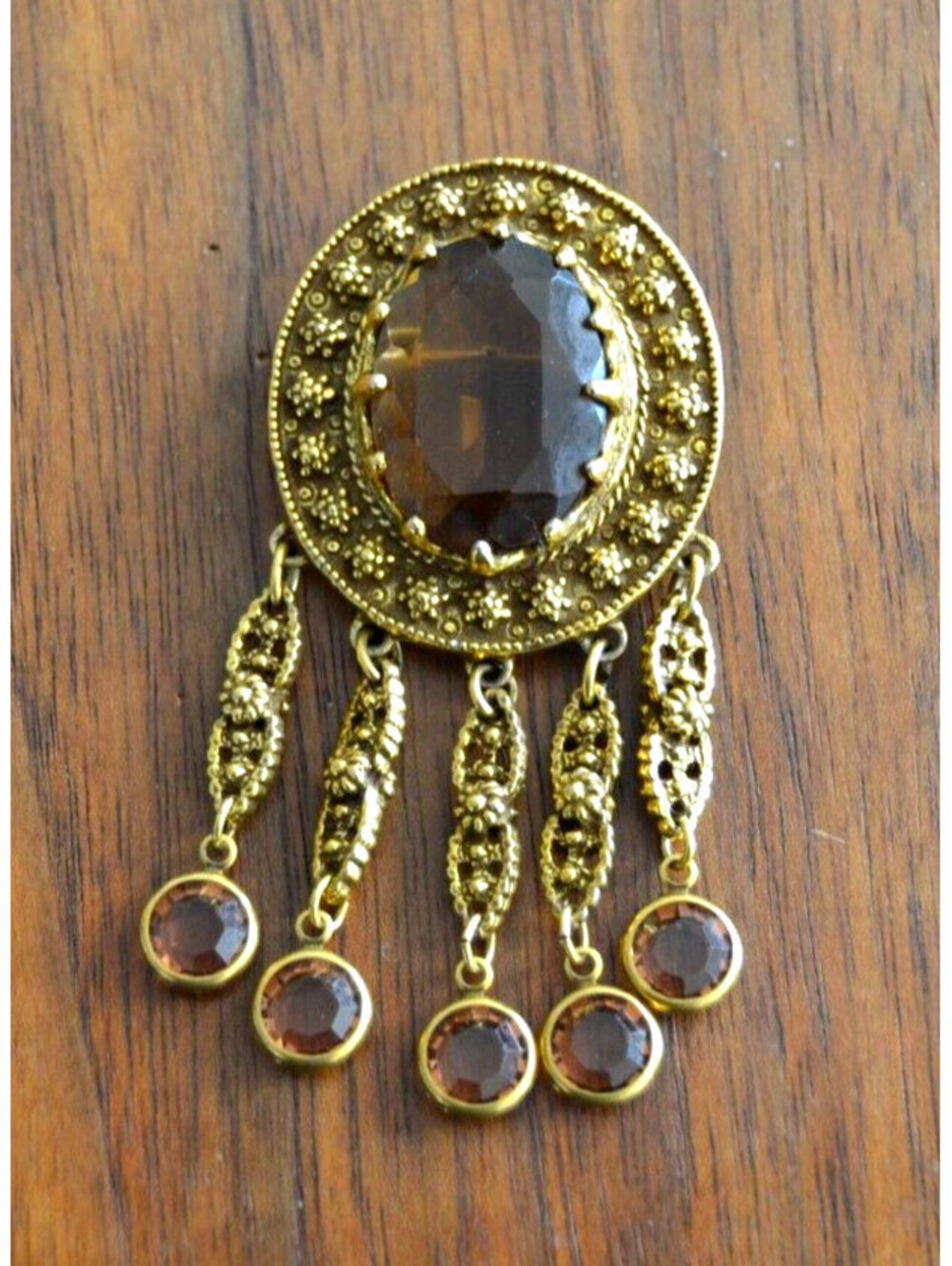 GOLDETTE Brooch Brownish Amber Faceted Glass Gold Tone Signed Vintage Dangles